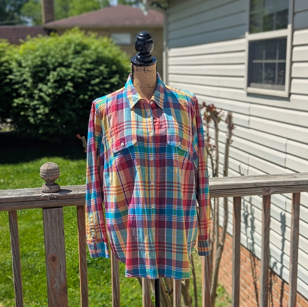 Chaps Denim Bright Multi-Colored Plaid Button  Down Shirt